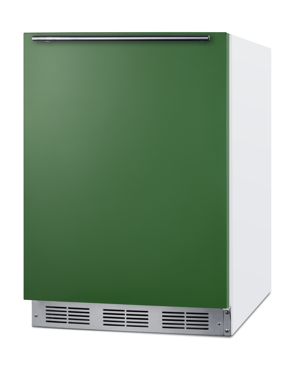 24 in. wide refrigerator-freezer for residential use with an emerald green door, stainless steel handle, and white cabinet